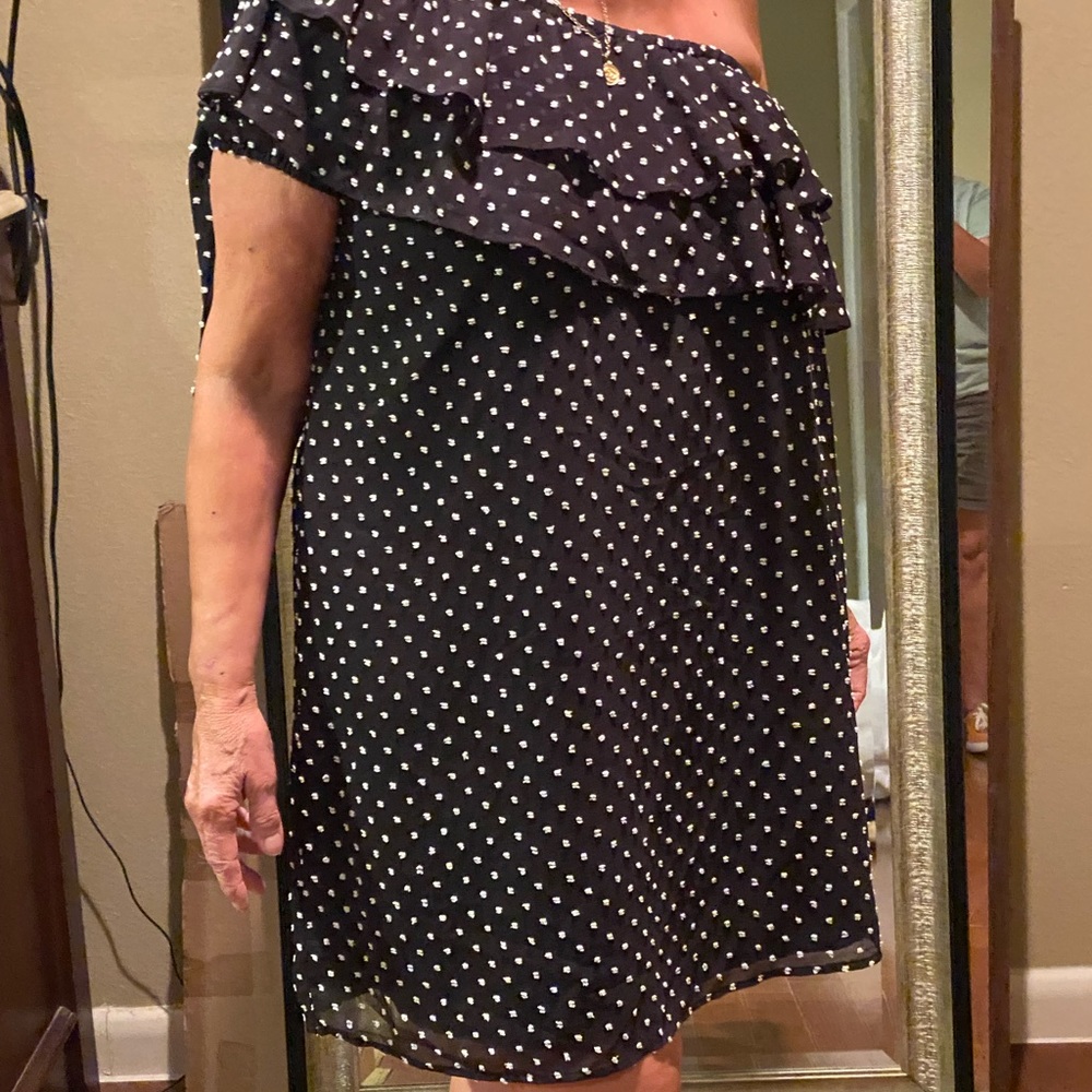One shoulder black dress with white threaded dots.   Dressy or casual